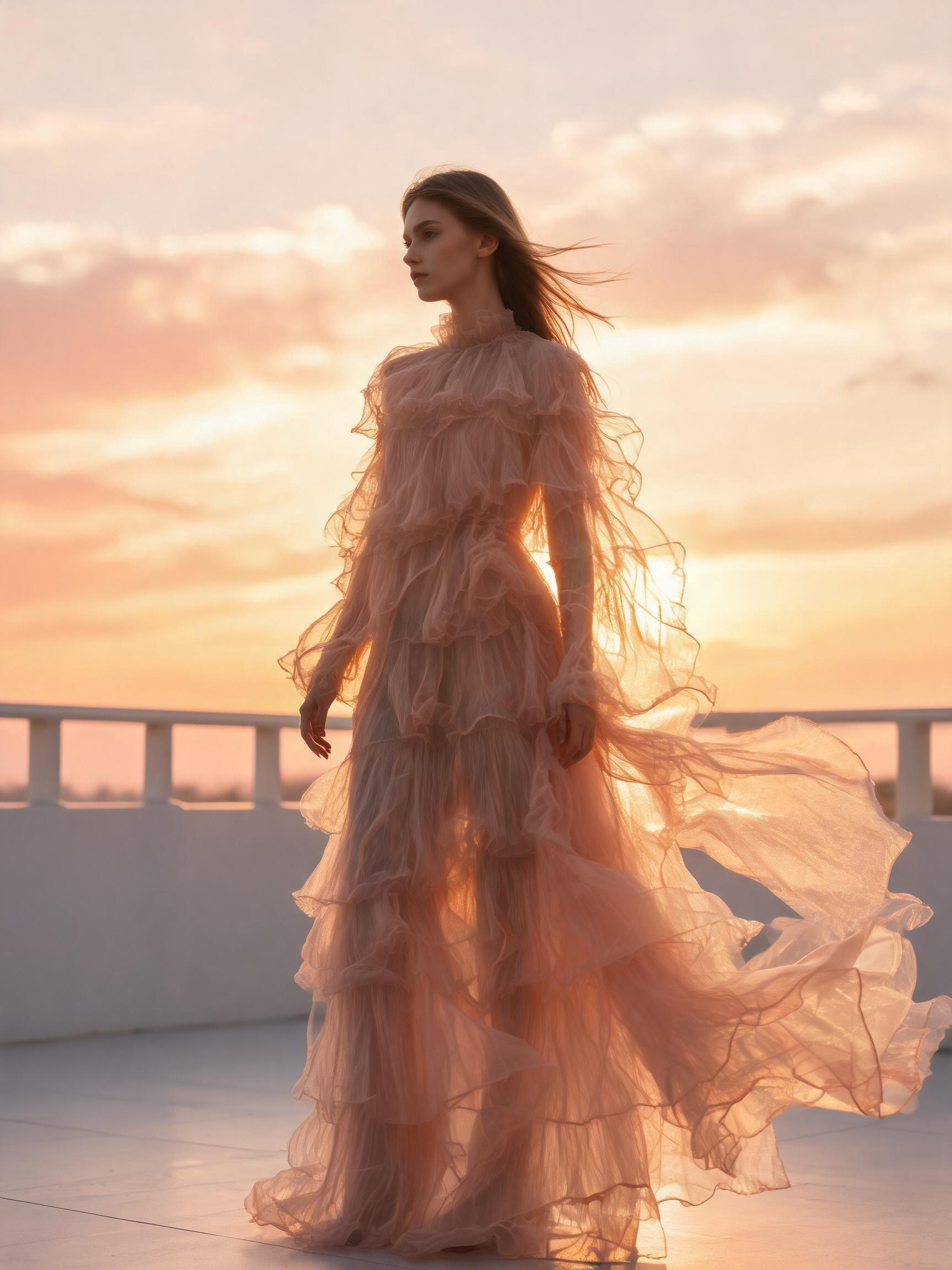 Emphasize ruffled high - neck, long sleeves, tiered skirt silhouette. Use soft peach for fabric, clean outline for sketch. original image 1
