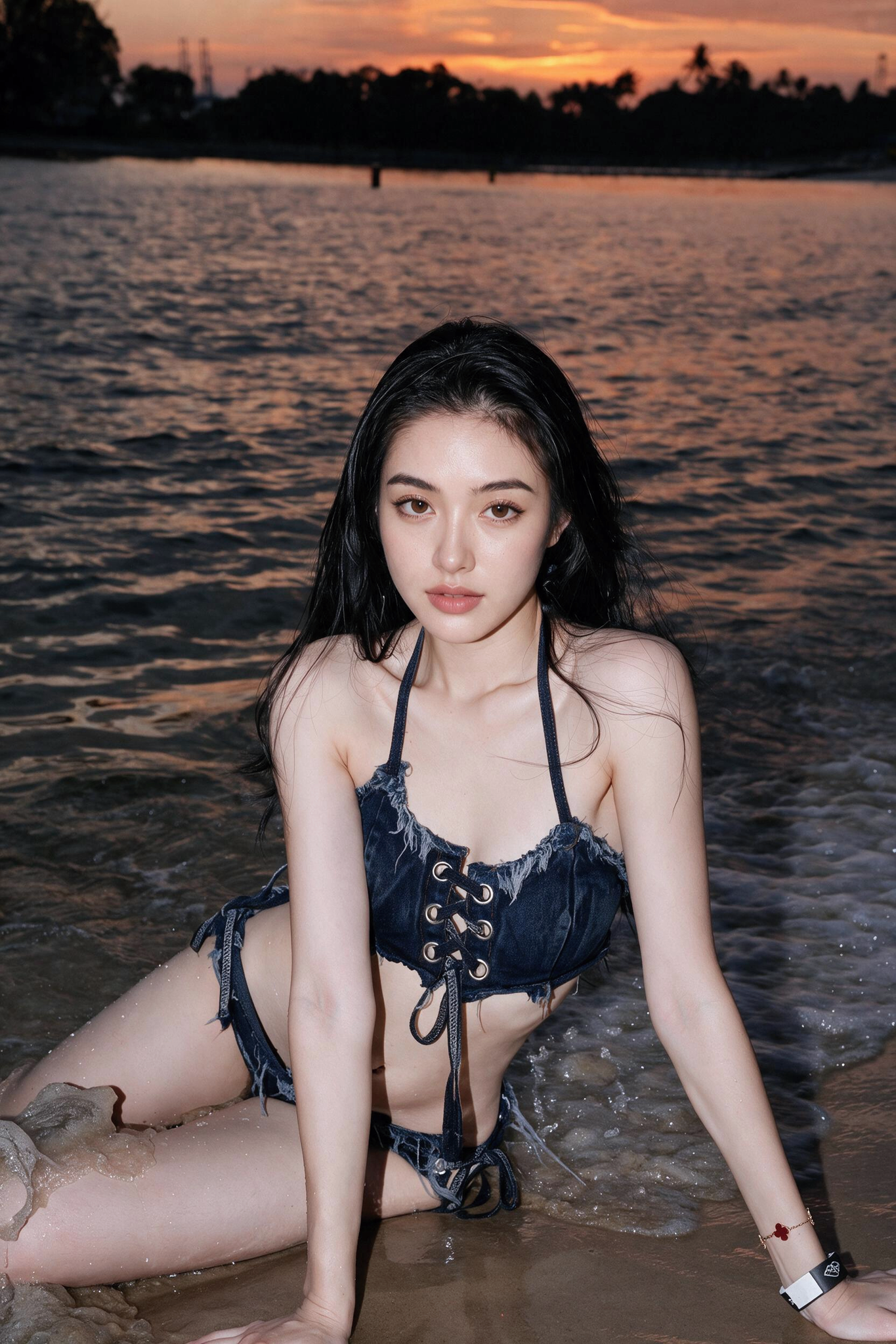 Replace the swimsuit this woman is wearing with the one I uploaded, keeping the pose, lighting, and composition the same—it should look natural, not forced. Keep the pic bright and clear original image 2