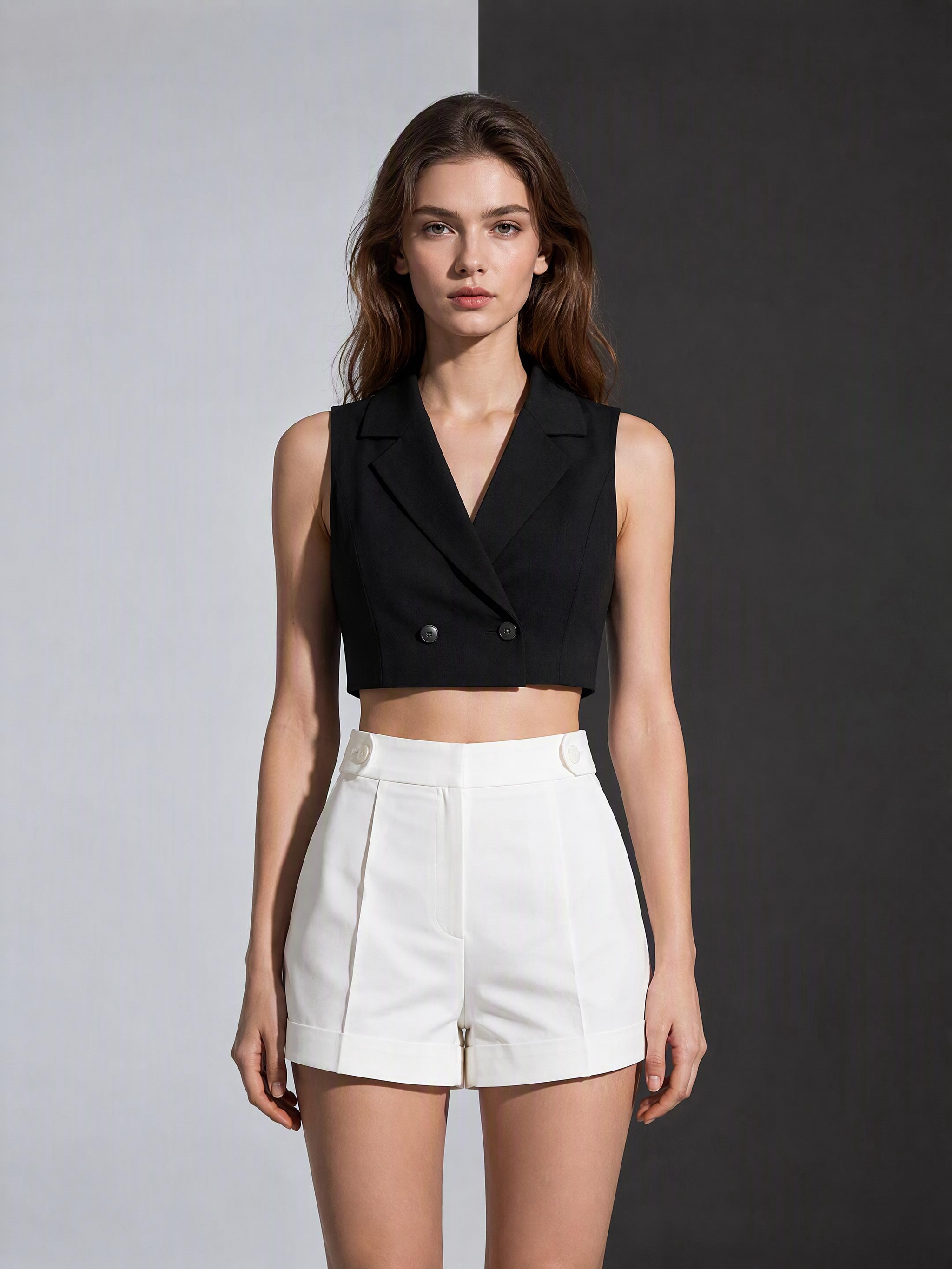 change shorts to skirt, change black top to white original image 1