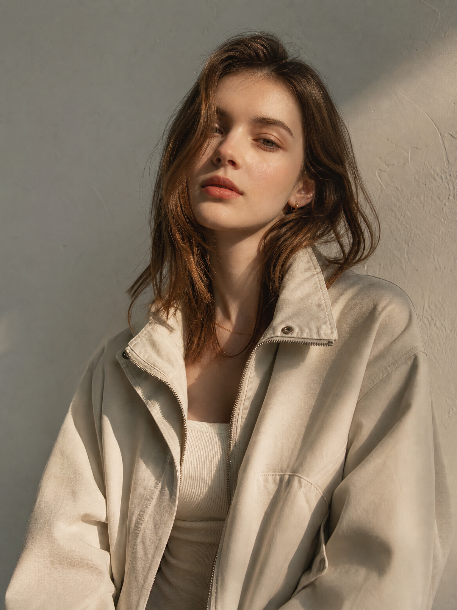 Black hair, female-presenting, early 20s, warm medium-brown skin tone, oval face shape, symmetrical facial features, straight shoulder-length hair, athletic yet slender body type, naturalistic model look. original image 1