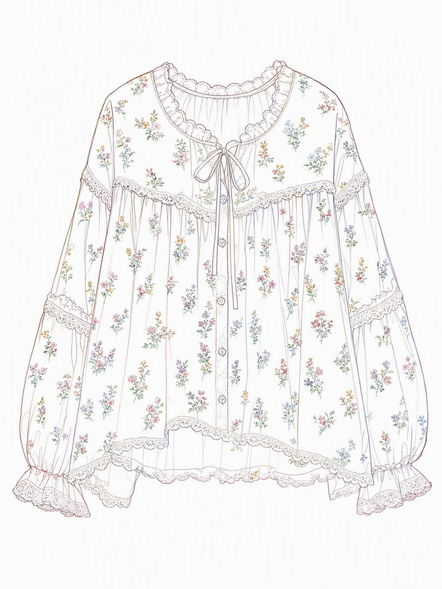 Female, wearing a white floral - printed blouse with a sweet style. It has a lace - trimmed round neck, tied with a bow, puff sleeves and multiple lace trims. The fabric is assumed to be soft cotton. original image 1