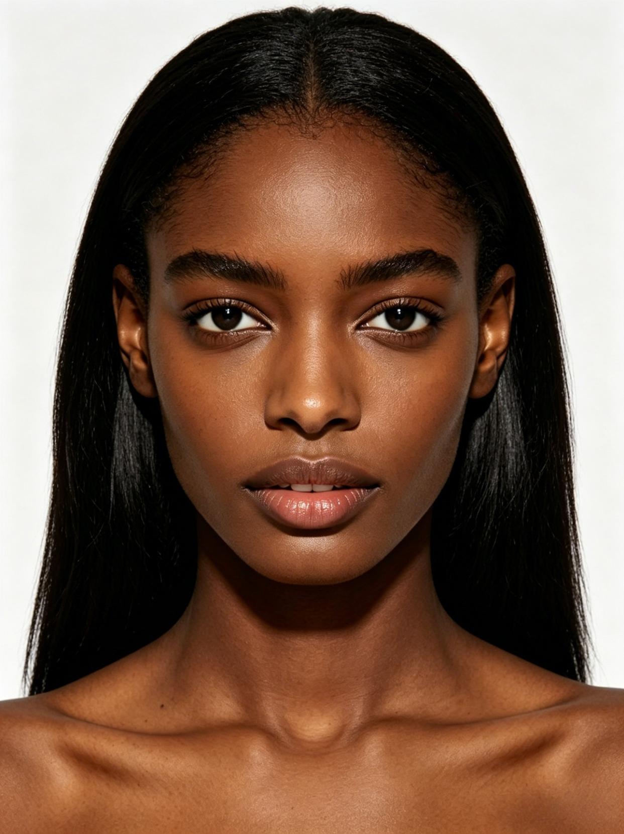 Black woman, 25–35 years old, warm medium-dark skin tone, oval face shape, symmetrical features, high cheekbones, full lips, straight black hair, shoulder-length, athletic yet feminine body type, natural and confident model look. original image 2