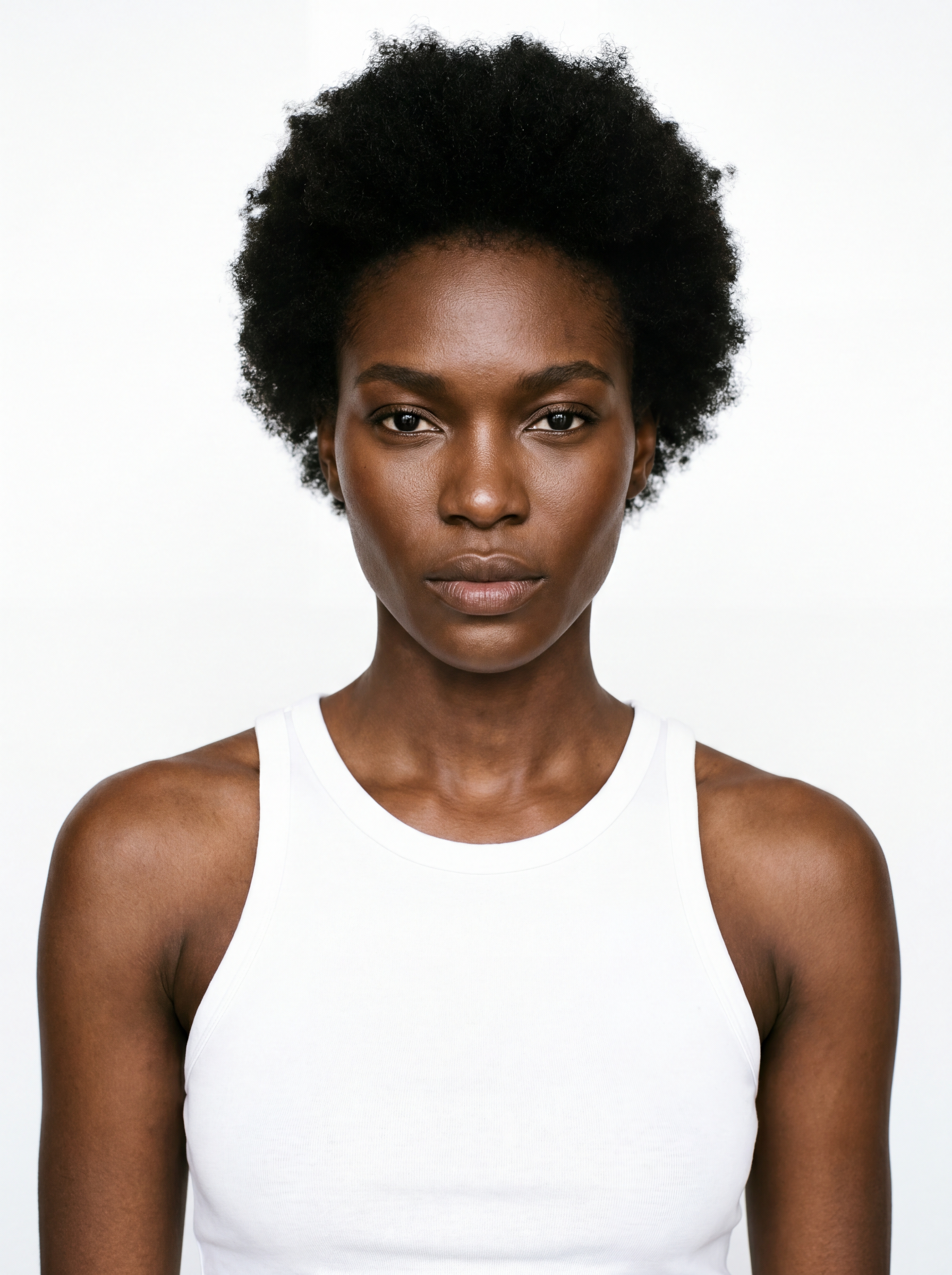 Black skin, female-presenting, 20–30 years old, oval face shape, balanced facial features, natural short Afro hairstyle, dark brown hair color, toned and proportional body type, contemporary model look. original image 2