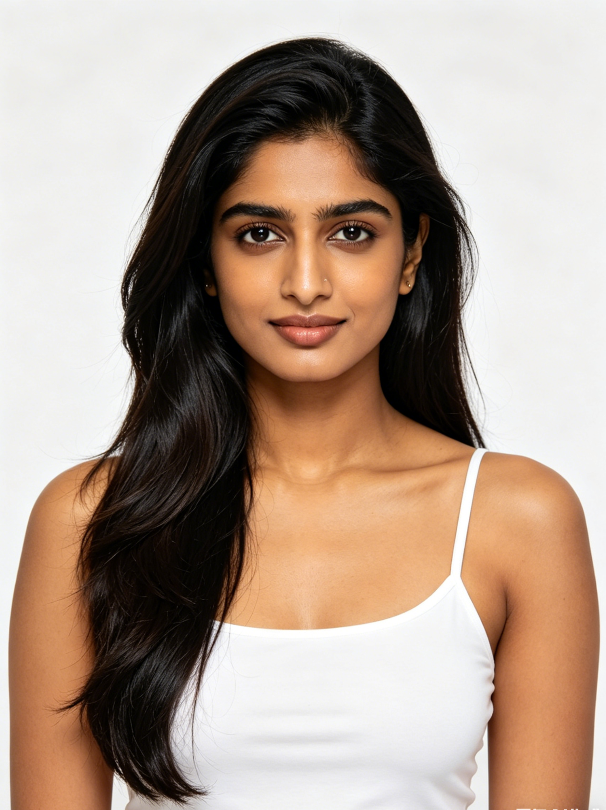Female, adult, medium skin tone, oval face shape, symmetrical facial features, straight shoulder-length brown hair, slim yet toned body type, natural model look. original image 2