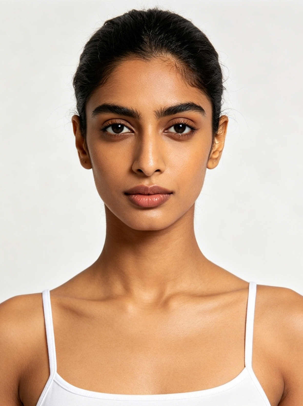 Female, young adult, light to medium skin tone, oval face shape, symmetrical facial features, shoulder-length straight black hair, slender yet toned body type, natural and fresh model look. original image 2