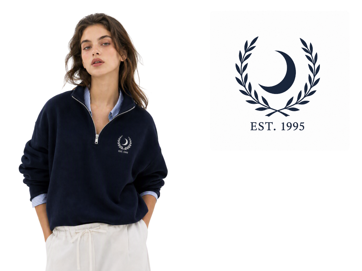 Embroidered logo extracted from a navy garment photo