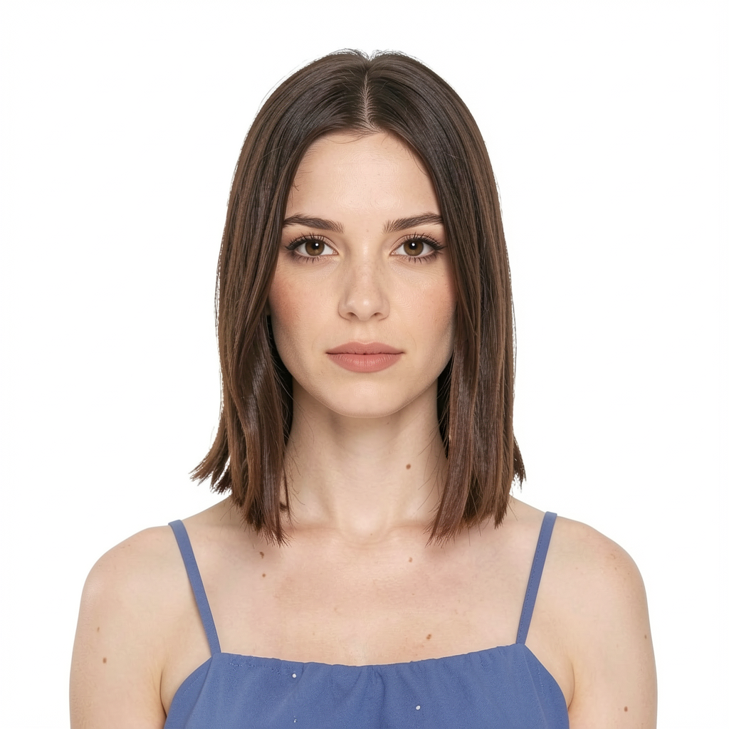 Female, adult, medium skin tone, oval face shape, symmetrical facial features, shoulder-length wavy brown hair, slim yet curvaceous body type, natural and polished model look. original image 2