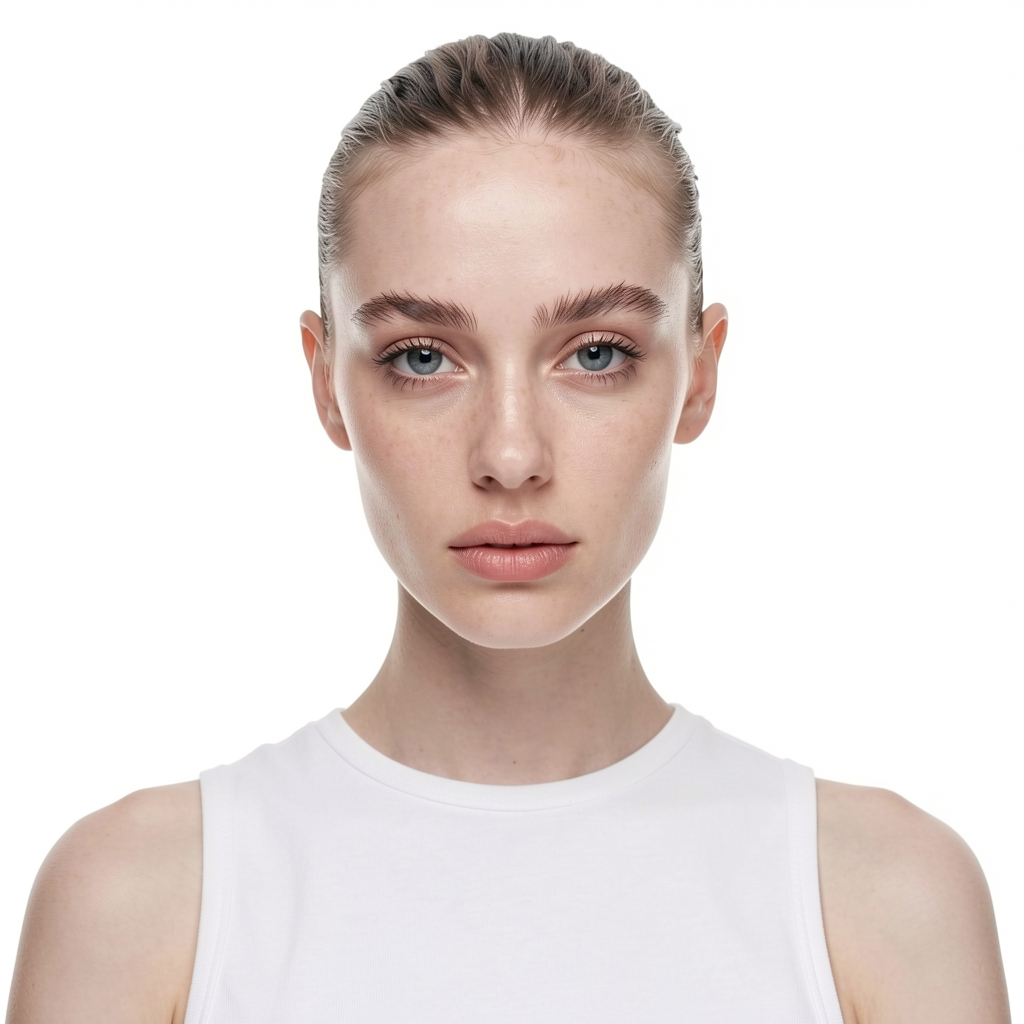 Caucasian skin tone, female-presenting, age 20–30, oval face shape, symmetrical facial features, straight medium-length brown hair, slim athletic body type, natural makeup look. original image 2