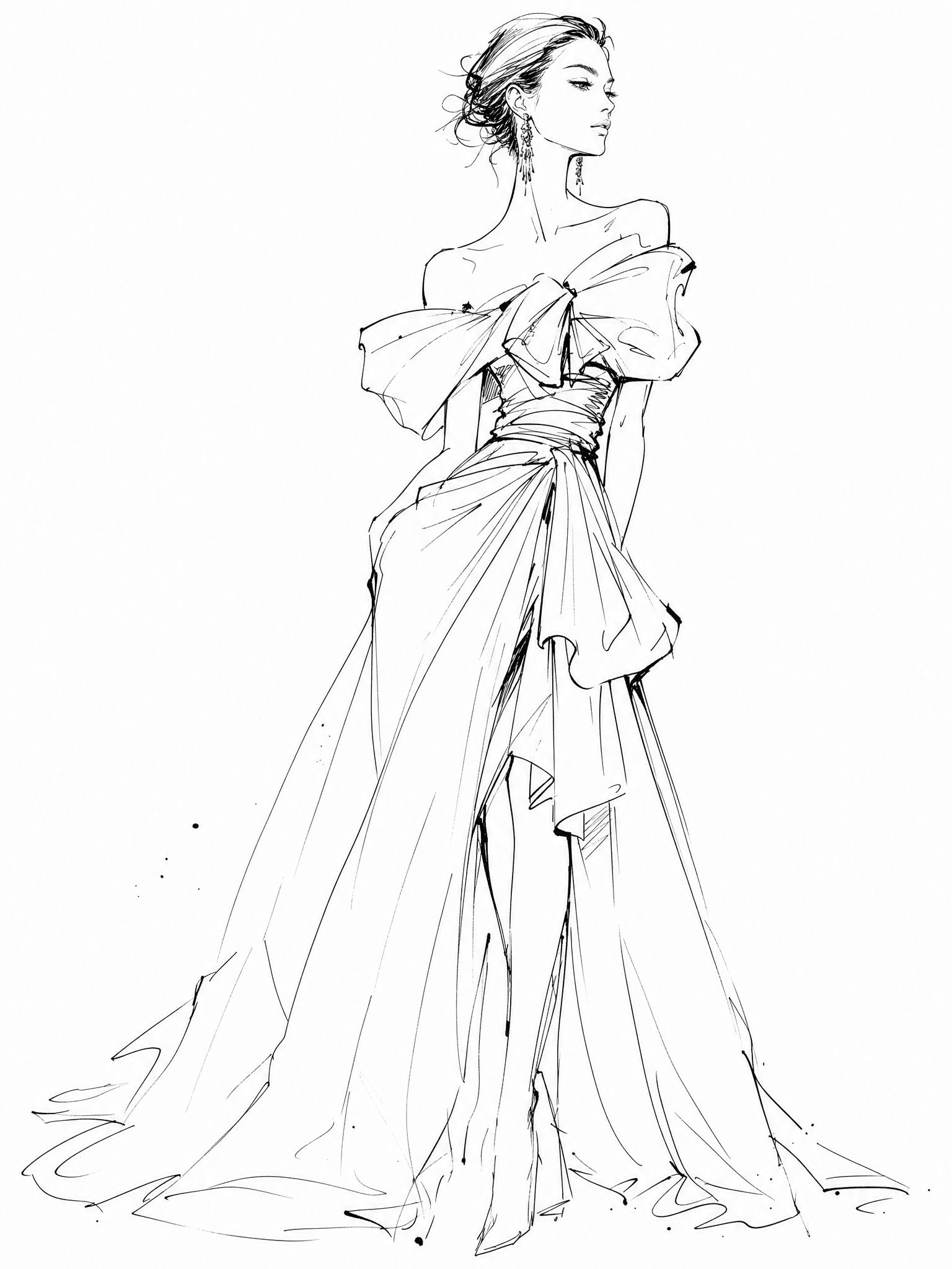 Female figure, wearing an off - the - shoulder gown with a large bow at the bust. The dress has a flowing, draped silhouette and a long train. Imagined in a soft, pastel blue color with a silk - like fabric. original image 1