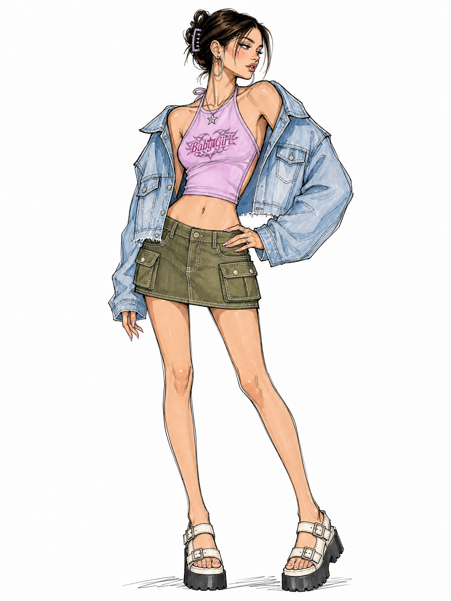 Low‑rise mini cargo skirt with big flap side pockets. Fitted halter neck crop top, open back design. Oversized lightweight cropped denim jacket draped over shoulders. Platform chunky sandals. Hair clipped up. Youthful retro 2000s silhouette, sharp clothing outlines, line art without fill.