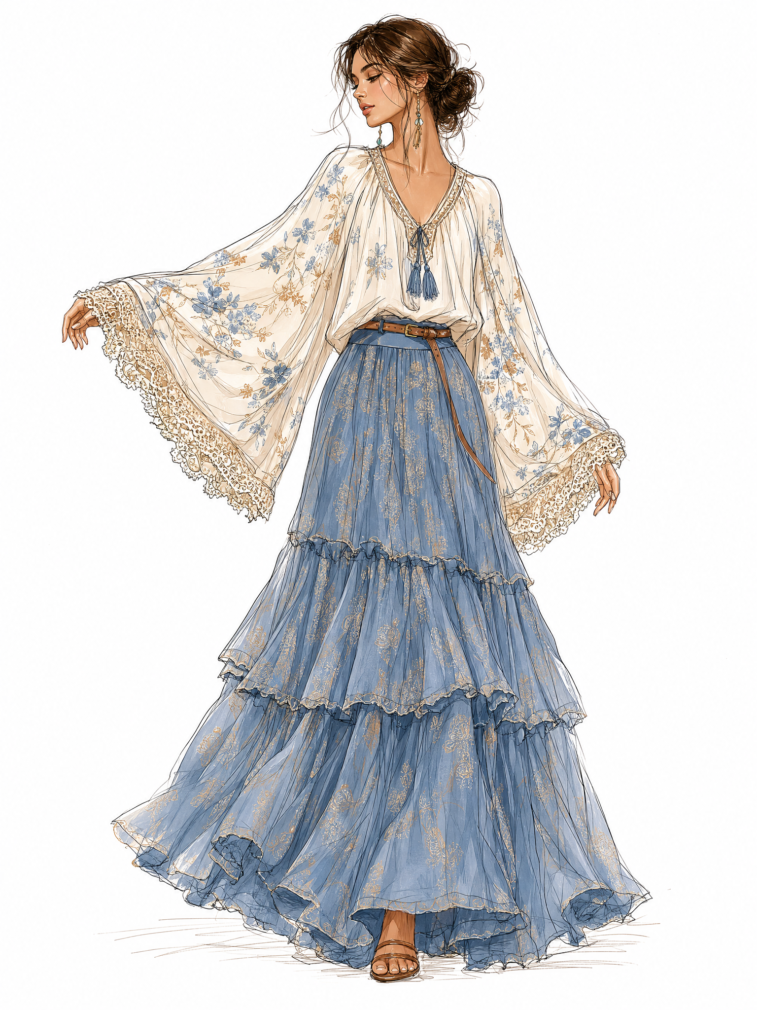 Line sketch, loose flowy tunic top, wide flared long sleeves, lace trim details on cuffs. High‑waisted tiered long skirt, layered ruffled sections, plenty of soft fabric gathers. Thin waist belt, long simple earrings.