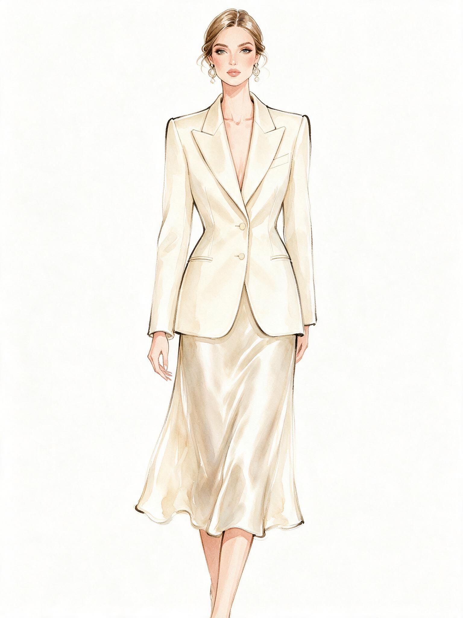 fashion illustration, Megan Hess style, full body female croquis, woman wearing tailored cream blazer and midi silk skirt, soft watercolor wash, delicate ink outlines, subtle fabric folds, muted neutral palette, plain off-white background, elegant posture, high fashion, soft lighting