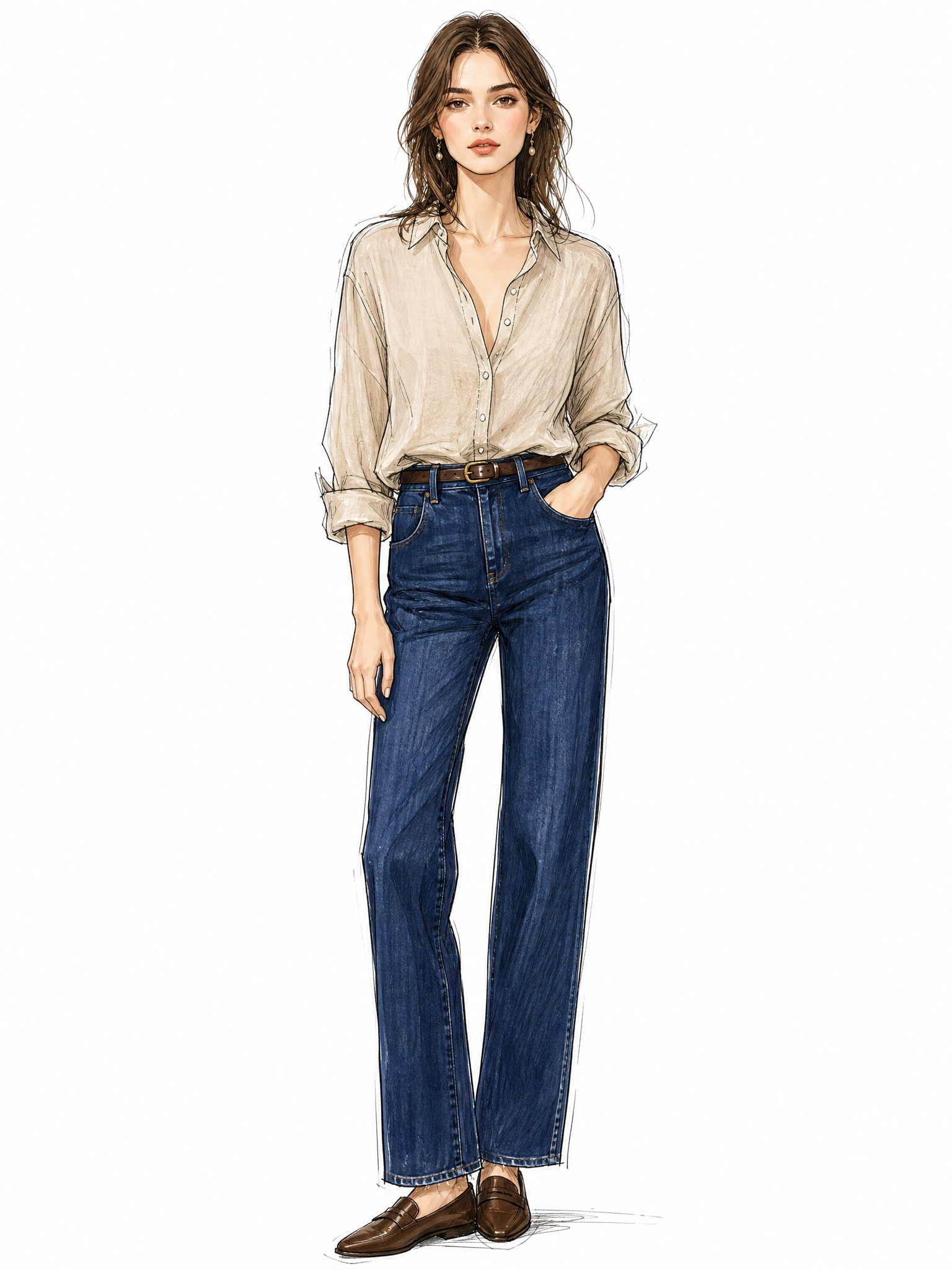 European female model, no head tilting up, effortless French casual style, soft linen beige shirt unbuttoned slightly, high‑waisted dark blue denim straight jeans, thin leather waist belt, small delicate drop earrings, relaxed posture, gentle soft frontal daylight, warm off‑white background,