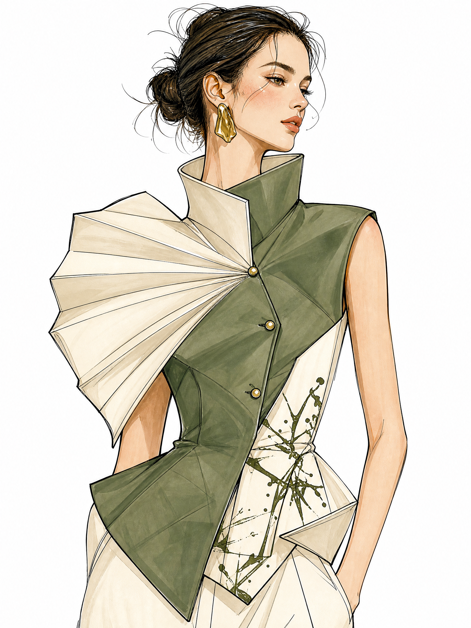 fashion croquis sketch, black‑and‑white line art, female fashion figure, half‑body, avant‑garde structured garment, clear clothing silhouette and seam details, only outline lines, no color, minimal hatching, white background, fashion design sketch, no shading rendering --ar 3:4 --style raw