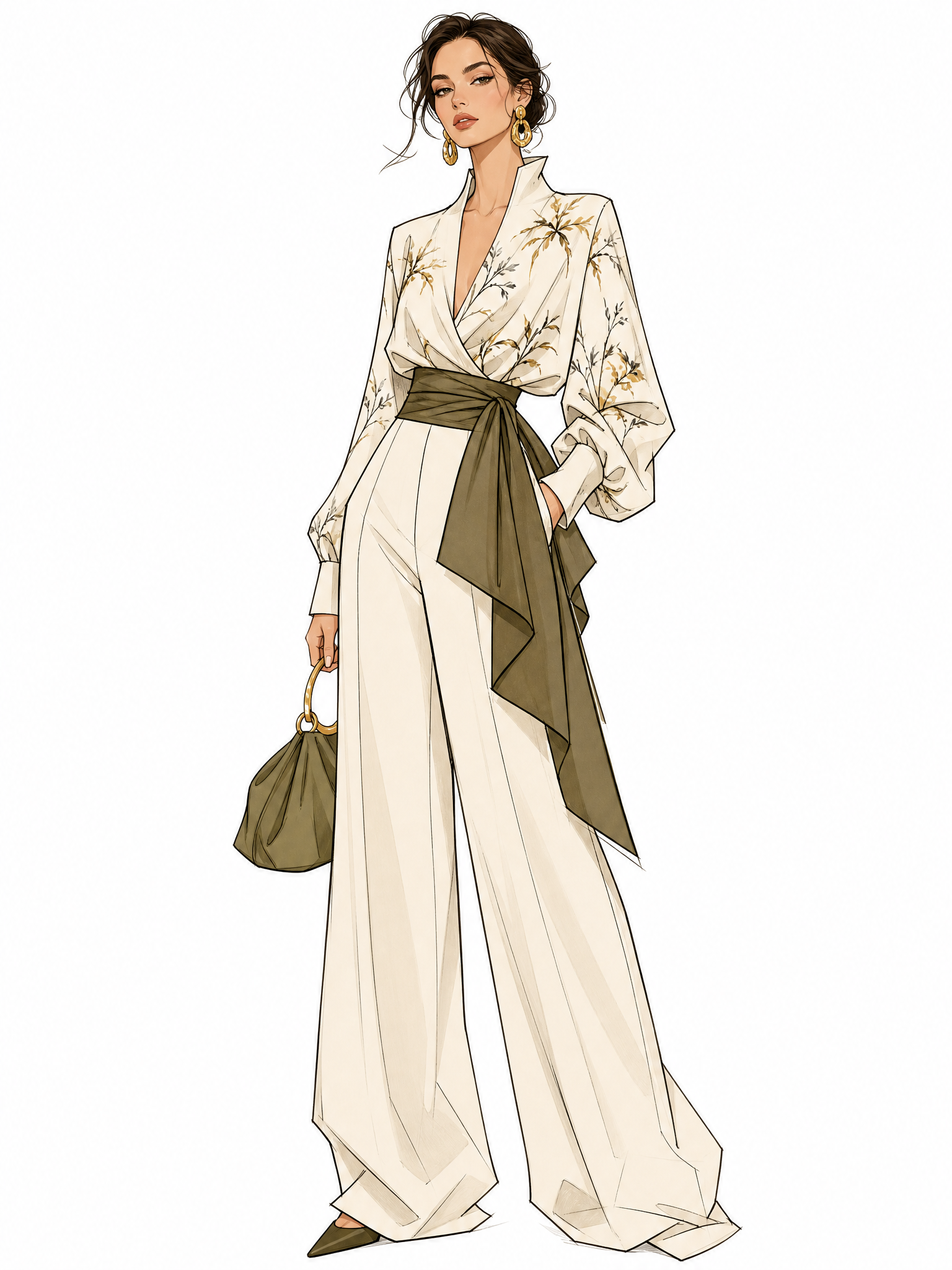 fashion illustration, full body female model, wearing elegant designer outfit, clean bold outlines, flat color blocks, soft grain texture, minimalist fashion editorial style, muted high‑end color palette, simple solid background, sharp clothing silhouette, delicate fabric fold details, no extra text, aesthetic fashion drawing, vector art, 3:4, high detail