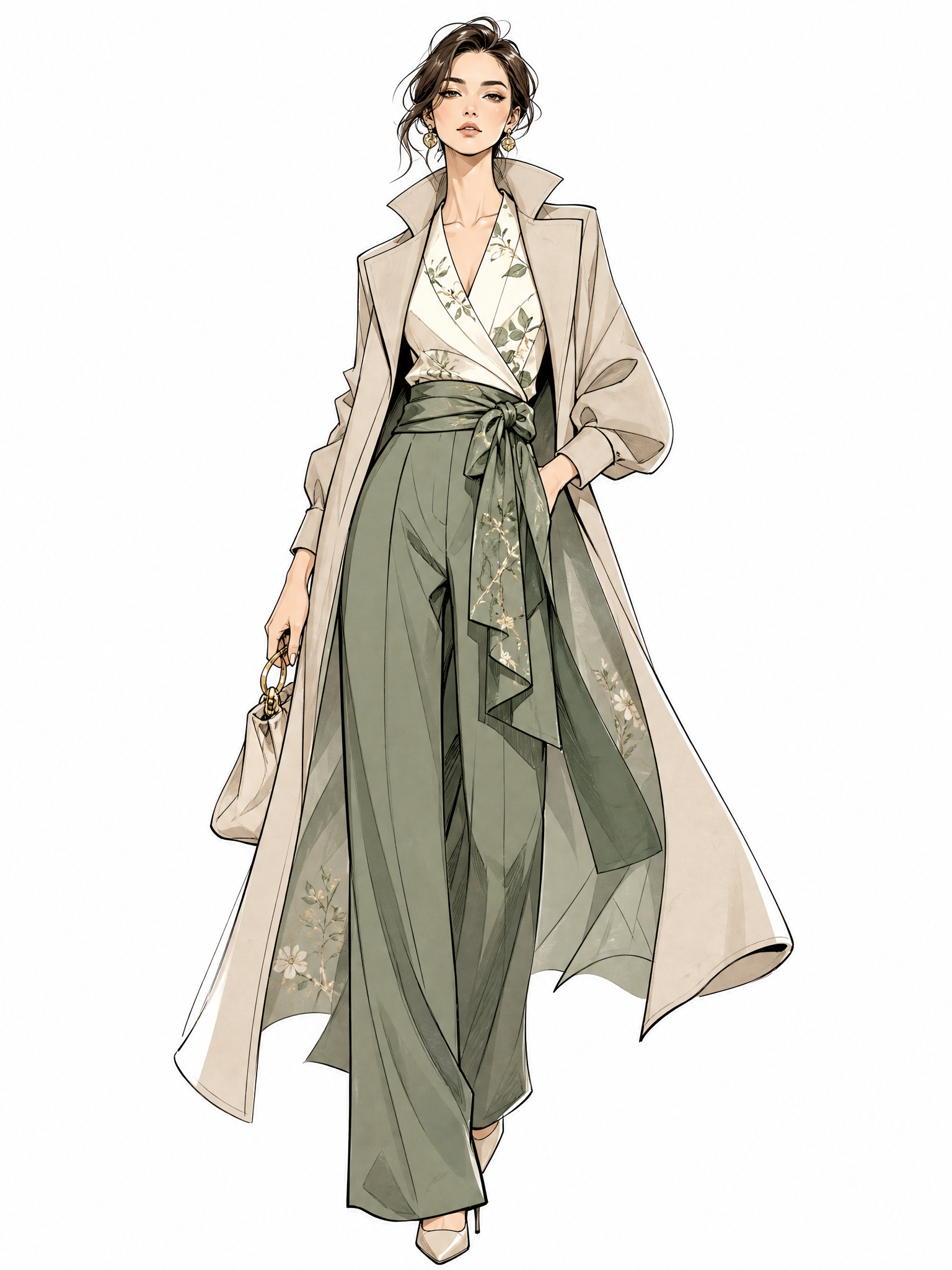 fashion illustration, full body female model, wearing elegant designer outfit, clean bold outlines, flat color blocks, soft grain texture, minimalist fashion editorial style, muted high‑end color palette, simple solid background, sharp clothing silhouette, delicate fabric fold details, no extra text, aesthetic fashion drawing, vector art, 3:4, high detail