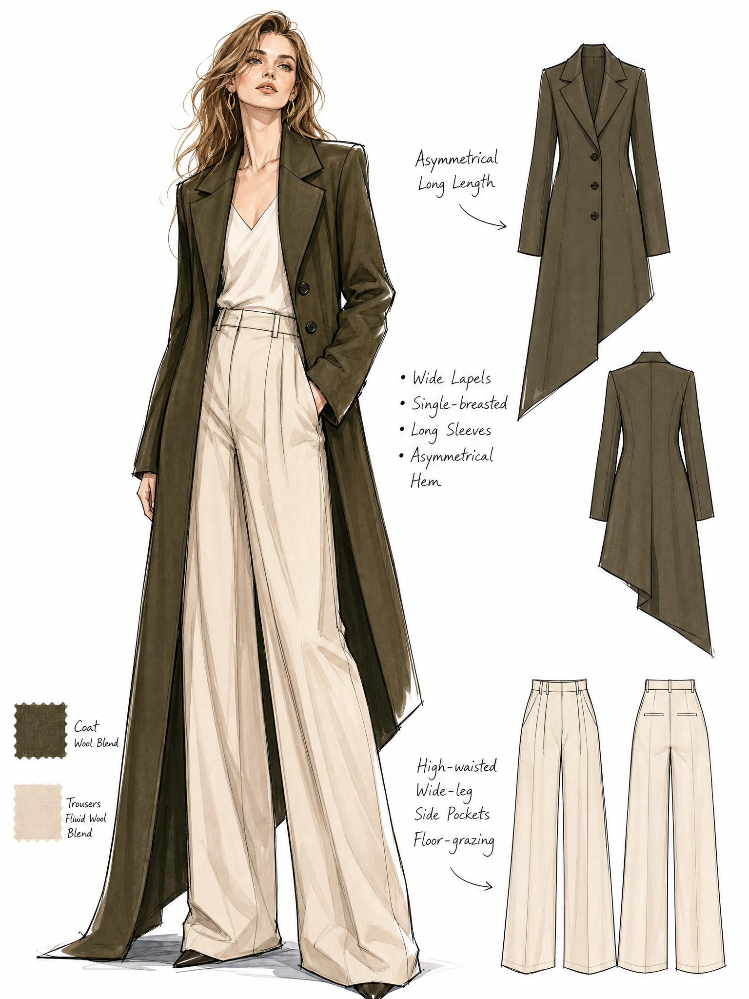 Long‑length asymmetrical coat with single‑breasted buttons, wide lapels and long sleeves; paired with high‑waisted wide‑leg trousers featuring side pockets and floor‑grazing length. The overall look is simple and elegant. European and American female model