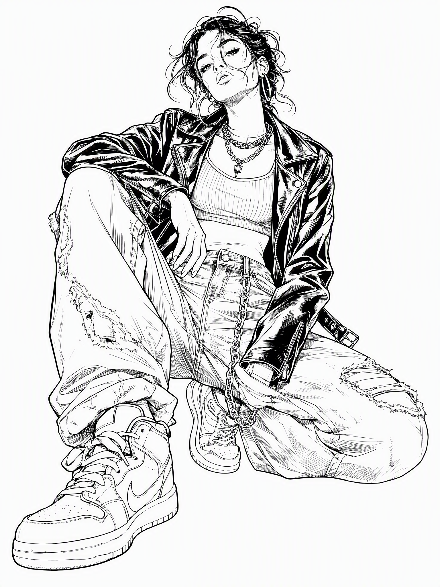 Cool street‑style fashion illustration, american street fashion, cool female character, leather jacket denim outfit, dynamic pose, bold graphic drawing, strong outline, high‑saturation color block, graffiti‑influenced fashion art, simple solid background, emphasize clothing texture, fashion editorial drawing, no text, no watermark, 3:4