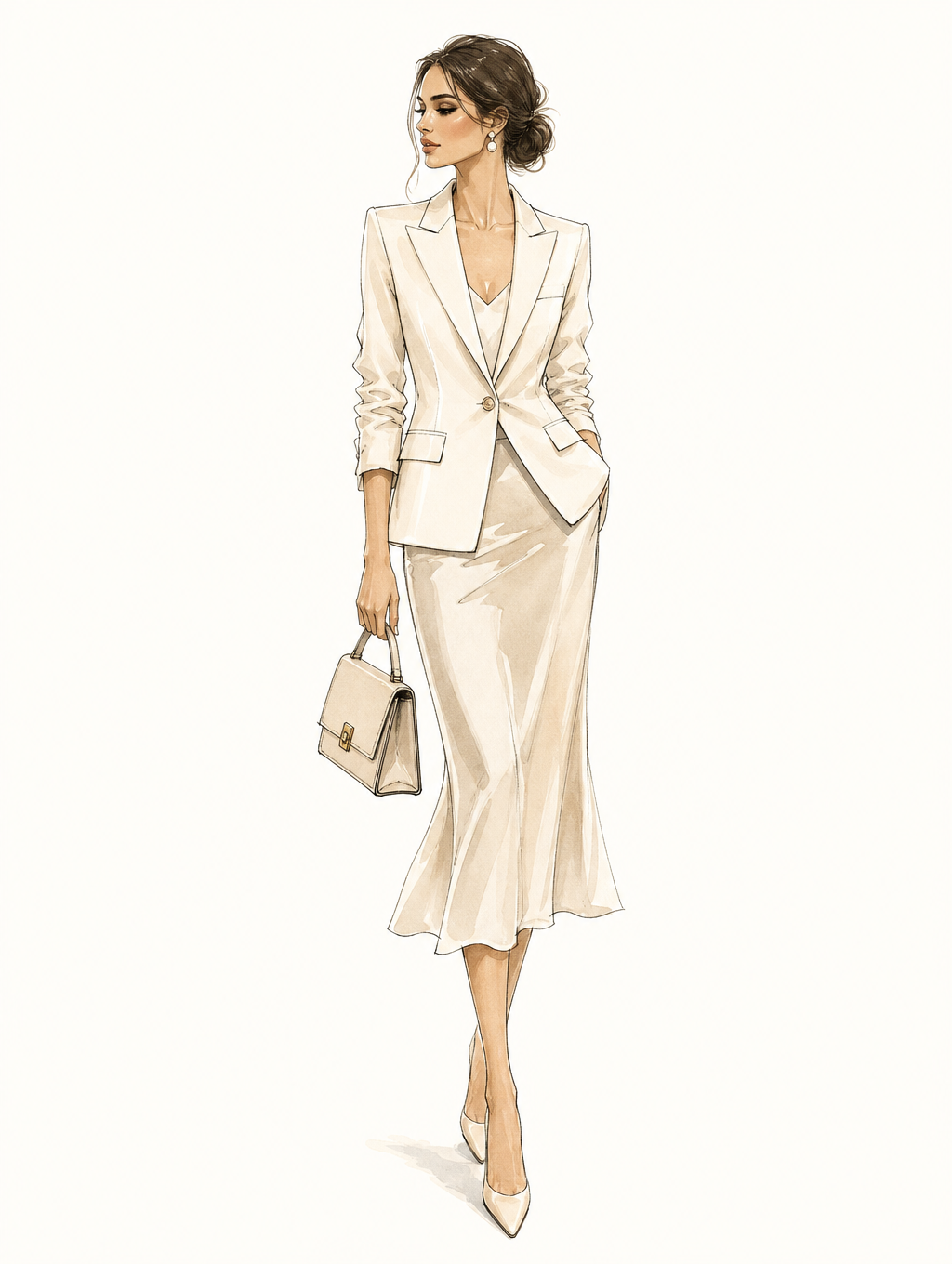 Female. Wearing an off - white single - button blazer, a matching camisole underneath, a long pencil skirt with a flared hem. Holds a beige handbag and wears off - white high - heels. A sophisticated business - casual style. original image 1